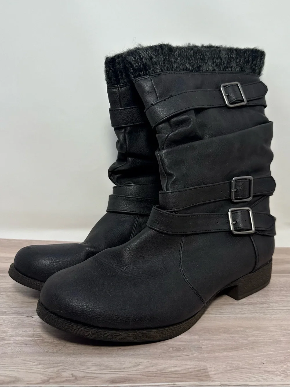 Women’s JustFab Black Faux-Leather Sweater Cuff Slouch Mid Calf Boot Size 9
